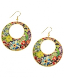 Don't settle for ordinary. Robert Rose's dynamic earring style features gypsy hoops decorated by multicolored laser printed flowers. Set in gold-plated mixed metal. Approximate diameter: 2 inches. Approximate drop: 2-1/2 inches. Don't settle for ordinary. Robert Rose's dynamic earring style features gypsy hoops decorated by multicolored laser printed flowers. Set in gold-plated mixed metal. Approximate diameter: 2 inches. Approximate drop: 2-1/2 inches.