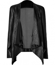 Detailed in ultra luxurious lambskin with a cool front drape and contemporaneity tailored seaming, Donna Karans combo jacket is both modern and exquisite - Draped open front, long sleeves, tailored patchworked seaming - Fitted - Wear over everything from tissue tees and skinnies to cocktail sheaths and platform pumps Detailed in ultra luxurious lambskin with a cool front drape and contemporaneity tailored seaming, Donna Karans combo jacket is both modern and exquisite - Draped open front, long sleeves, tailored patchworked seaming - Fitted - Wear over everything from tissue tees and skinnies to cocktail sheaths and platform pumps
