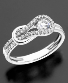 A beautiful diamond holds the knot in place, keeping it always secure in this Everlon(tm) solitaire pave ring featuring sparkling pave diamonds (1/2 ct. t.w.) set in 14k white gold. A beautiful diamond holds the knot in place, keeping it always secure in this Everlon(tm) solitaire pave ring featuring sparkling pave diamonds (1/2 ct. t.w.) set in 14k white gold.