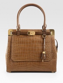 Luxurious crocodile embossed deer leather in a roomy top-handle carryall, accented with radiant hardware and contrast leather trim.Double leather top handles, 7½ dropTop zip closureProtective metal feetThree inner compartmentsOne outside flap pocketOne inside zip pocketTwo inside open pocketsFully lined13½W X 12H X 6DImported Luxurious crocodile embossed deer leather in a roomy top-handle carryall, accented with radiant hardware and contrast leather trim.Double leather top handles, 7½ dropTop zip closureProtective metal feetThree inner compartmentsOne outside flap pocketOne inside zip pocketTwo inside open pocketsFully lined13½W X 12H X 6DImported