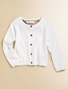 A classic sweater with Burberry touches, perfect atop her pretty dresses, skirts or even her jeans.Ribbed crew necklineButton frontEmbroidered tonal chest logoRibbed patch pocketLong sleeves with ribbed cuffsRibbed hemCottonHand washImported Please note: Number of buttons may vary depending on size ordered. A classic sweater with Burberry touches, perfect atop her pretty dresses, skirts or even her jeans.Ribbed crew necklineButton frontEmbroidered tonal chest logoRibbed patch pocketLong sleeves with ribbed cuffsRibbed hemCottonHand washImported Please note: Number of buttons may vary depending on size ordered.