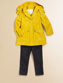 Brighten and warm those wet, blustery days in a shiny slicker with cool details.Detachable hood with snap neck tabNotched collarShoulder epauletsLong sleeves with layered-look rain flaps and zip cuffsHidden snap placketSnap flap patch pocketsCenter back inverted pleat62% cotton/38% polyurethaneDry cleanImported Brighten and warm those wet, blustery days in a shiny slicker with cool details.Detachable hood with snap neck tabNotched collarShoulder epauletsLong sleeves with layered-look rain flaps and zip cuffsHidden snap placketSnap flap patch pocketsCenter back inverted pleat62% cotton/38% polyurethaneDry cleanImported