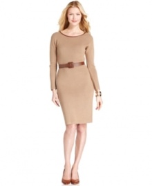 Anne Klein's sweater dress is superlatively chic with a faux-leather trim at the neckline and a coordinating belt.