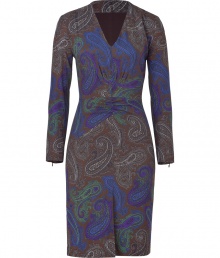 A chic paisley print covers this draped detailed dress from Etro - V-neck, long sleeves with zipper cuffs, gathering details under bust, draped detailed waistline, fitted silhouette, all-over print - Wear with peep-toe heels and a statement satchel