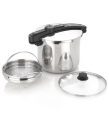 This one is for the cooks-experience the ease & convenience of a pressure cooker in the kitchen. Crafted from 18/10 stainless steel, this must-have features a pressure indicator that takes the guesswork out of prep and two pressure positions for precision results. Plus, an easy-to-read measurement line on the interior makes safety a must by letting you know when you have reached the recommended fill capacity. 10-year warranty. This one is for the cooks-experience the ease & convenience of a pressure cooker in the kitchen. Crafted from 18/10 stainless steel, this must-have features a pressure indicator that takes the guesswork out of prep and two pressure positions for precision results. Plus, an easy-to-read measurement line on the interior makes safety a must by letting you know when you have reached the recommended fill capacity. 10-year warranty.