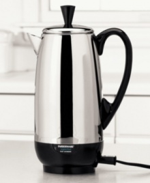 A more elegant alternative to standard coffee makers, this stainless steel percolator from Farberware has a sleek, pitcher shape. At a brewing rate of one cup per minute, this coffee pot sacrifices nothing in terms of speed for beauty. And once it has finished brewing, it will automatically switch to a safe keep warm temperature. Makes 4-12 cups. Comes with One-year limited warranty. Model #FCP412. A more elegant alternative to standard coffee makers, this stainless steel percolator from Farberware has a sleek, pitcher shape. At a brewing rate of one cup per minute, this coffee pot sacrifices nothing in terms of speed for beauty. And once it has finished brewing, it will automatically switch to a safe keep warm temperature. Makes 4-12 cups. Comes with One-year limited warranty. Model #FCP412.