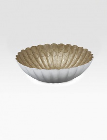 A lovely addition to any table, handcrafted in India with artisanal detail in fluted metal with an opalescent, crushed mother-of-pearl enamel. Food safe Engraved signature 4¼H X 15 diam. Hand wash Imported A lovely addition to any table, handcrafted in India with artisanal detail in fluted metal with an opalescent, crushed mother-of-pearl enamel. Food safe Engraved signature 4¼H X 15 diam. Hand wash Imported