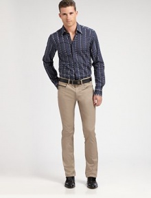 Slim-fit casual pant with logo engraved zippers on coin and rear pockets for an unexpected twist.Five-pocket styleInseam, about 3398% cotton/2% spandexDry cleanImported of Italian fabric Slim-fit casual pant with logo engraved zippers on coin and rear pockets for an unexpected twist.Five-pocket styleInseam, about 3398% cotton/2% spandexDry cleanImported of Italian fabric
