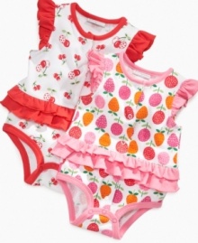 Dig in. She'll look deliciously sweet in one of these ruffly bodysuits from First Impressions. Dig in. She'll look deliciously sweet in one of these ruffly bodysuits from First Impressions.