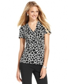 Alfani's printed top easily puts the polish on your ensemble with a vibrant print and a fitted, ruched silhouette. The price is just as appealing! Alfani's printed top easily puts the polish on your ensemble with a vibrant print and a fitted, ruched silhouette. The price is just as appealing!