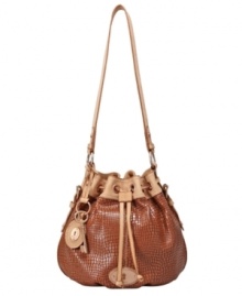 The Maddox drawstring by Fossil features a rich embossed leather with eye-catching vintage-inspired details. A classic bucket shape and polished rose goldtone hardware make this a go-to bag. The Maddox drawstring by Fossil features a rich embossed leather with eye-catching vintage-inspired details. A classic bucket shape and polished rose goldtone hardware make this a go-to bag.