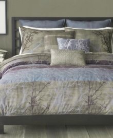 A walk in the woods. Printed and embroidered branches evoke the serenity of a winter forest in Bryan Keith's reversible comforter set. Flip the comforter for a tonal, watercolor design that instantly gives your bed a whole new look. Also features a European sham, decorative pillows and a matching bedskirt to complete this captivating ensemble.