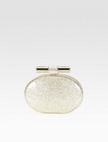 A metallic acrylic shape covered in glittering pave crystals, finished with a polished clasp. Top clasp closureLeather lining5¾W X 4¾H X 1½DMade in Italy A metallic acrylic shape covered in glittering pave crystals, finished with a polished clasp. Top clasp closureLeather lining5¾W X 4¾H X 1½DMade in Italy