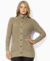 Plus size fashion inspired by the effortless glamour of country style. This cardigan from Lauren by Ralph Lauren's collection of plus size clothes is knit in smooth combed cotton yarns with embellished fox-and-trumpet buttons and supple faux-suede elbow patches. (Clearance)