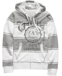 With a lightly striped style and a streetwise graphic, this hoodie from American Rag is the perfect casual layer. With a lightly striped style and a streetwise graphic, this hoodie from American Rag is the perfect casual layer.