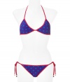 Stylish bikini in fine, multicolor nylon stretch blend - Vibrant purple and blue print with red piping - Triangle top ties at back and nape of the neck - Bikini brief ties at hips and offers modest coverage at rear - Sweet and sexy, perfect for the pool or your next beach getaway - Wear solo or pair with a caftan and wedge sandals