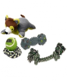 From Animal Planet is this adorable 4 pack toy set for your best friend dog. The set includes a rope, ball and raccoon toy for extra fun or to call your pet to play time.