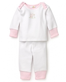 Ruffles, bunnies and solid pink cuffs give this two-piece set a classically cute look. Ruffles, bunnies and solid pink cuffs give this two-piece set a classically cute look.