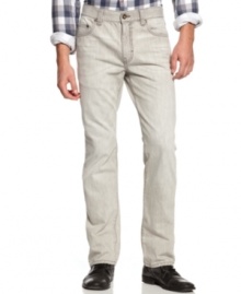 Wrinkled details give these flattering slim straight jeans by American Rag a cool laid back look. Wrinkled details give these flattering slim straight jeans by American Rag a cool laid back look.