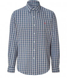 Stylish shirt in fine navy blue and cream plaid cotton - Traditional cut features a slim silhouette and slightly tailored fit - Small collar, long sleeves and full button placket - Usual Ralph Lauren polo player logo adorns the chest - Favorite shirt for versatility, it can be worn at the office with suit pants, or on the weekends with crisp chinos and lace-ups Stylish shirt in fine navy blue and cream plaid cotton - Traditional cut features a slim silhouette and slightly tailored fit - Small collar, long sleeves and full button placket - Usual Ralph Lauren polo player logo adorns the chest - Favorite shirt for versatility, it can be worn at the office with suit pants, or on the weekends with crisp chinos and lace-ups