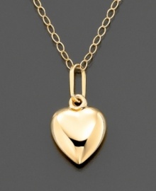 A lovely first necklace for baby, this polished 14k gold puffed heart is suspended from a dainty 15 inch open-link chain. A lovely first necklace for baby, this polished 14k gold puffed heart is suspended from a dainty 15 inch open-link chain.