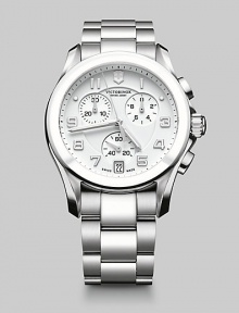 Experience a stylish moment in time with this signature chronograph style, with handsome features including a ceramic bezel, luminous hands and sleek, stainless steel bracelet.Chronograph movementRound bezelWater resistant to 10 ATMDate display at 5 o'clock Second handStainless steel case: 41mm(1.61)Leather braceletMade in Switzerland Experience a stylish moment in time with this signature chronograph style, with handsome features including a ceramic bezel, luminous hands and sleek, stainless steel bracelet.Chronograph movementRound bezelWater resistant to 10 ATMDate display at 5 o'clock Second handStainless steel case: 41mm(1.61)Leather braceletMade in Switzerland