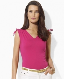 A classic sleeveless tee is updated with chic ruched detailing at the arms in this Lauren by Ralph Lauren look.