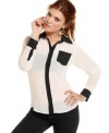 In a graphic black & white, this sheer chiffon GUESS? shirt is a hot layering piece -- perfect for a subdued yet sexy look!