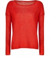 Build the foundations of cool layered spring looks starting with Vinces geranium red linen pullover - Rolled wide neckline, long sleeves, slit sides, longer back, semi-sheer - Loosely fitted - Wear with a tissue tee, skinnies and sandals