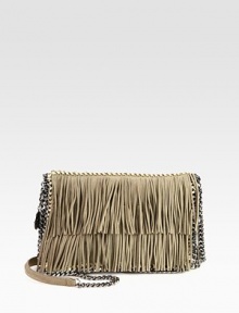 A retro-inspired faux suede style with shiny link chain trim that follows the brand's vegetarian initiatives.Chain shoulder strap, 25½ dropMagnetic snap flap closureOne inside zip pocketFully lined10½W X 8H X 1½DMade in Italy A retro-inspired faux suede style with shiny link chain trim that follows the brand's vegetarian initiatives.Chain shoulder strap, 25½ dropMagnetic snap flap closureOne inside zip pocketFully lined10½W X 8H X 1½DMade in Italy