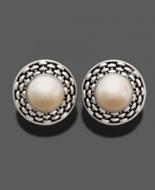 Luminous cultured freshwater pearls (10-1/2-11 mm) shine at the center of these braided sterling silver button earrings by Fresh by Honora. Approximate diameter: 3/4 inch.