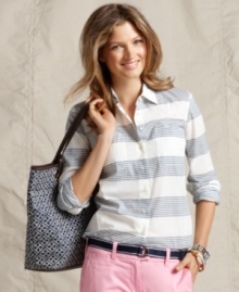A striped button-front shirt is a springtime essential, from Tommy Hilfiger. A striped button-front shirt is a springtime essential, from Tommy Hilfiger.