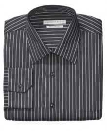 In contemporary contrasting tones, this striped shirt from Geoffrey Beene is a modern addition to your work rotation. In contemporary contrasting tones, this striped shirt from Geoffrey Beene is a modern addition to your work rotation.