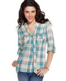 The trusty plaid button down gets bow blouse styling -- and results in a top that you can rely on! From American Rag. The trusty plaid button down gets bow blouse styling -- and results in a top that you can rely on! From American Rag.
