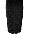 Luxe skirt in fine, black cupro blend - Especially comfortable and flattering, thanks to a generous amount of stretch - Elegant, all-over ruching and decorative seams - Slip-on style with slim, elasticated waist - Curve-hugging pencil cut hits at knee - Sexy and sophisticated, easily goes from work to play - Pair with a blazer and button down blouse or a silk tank and cropped leather jacket