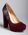 These boho, '70s-style Belle SIGERSON MORRISON platform pumps will shake up your wardrobe, in soft suede combined with snake-embossed leather.