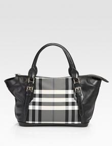 Rich perforated leather pairs with durable check-print canvas in this incredibly roomy carryall.Double top handles with buckled straps, 7 dropTop zip closureOne inside zip pocketTwo inside open pocketsNylon lining19W X 10H X 5½DMade in Italy Rich perforated leather pairs with durable check-print canvas in this incredibly roomy carryall.Double top handles with buckled straps, 7 dropTop zip closureOne inside zip pocketTwo inside open pocketsNylon lining19W X 10H X 5½DMade in Italy