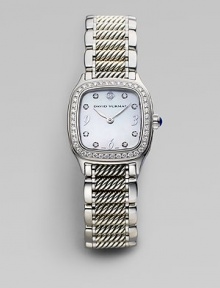 Distinctively textured links with smooth edges are thoroughly modern and thoroughly elegant in a bracelet watch of stainless steel and sterling silver with a shimmering diamond bezel. Swiss quartz movement Rounded square case, 25mm Diamond-set bezel White mother-of-pearl dial Eight diamond hour markers Scratch-resistant sapphire crystalStainless steel and sterling silver cable link bracelet, 16mm Diamonds, 0.54 tcw Water-resistant to three ATM Imported Distinctively textured links with smooth edges are thoroughly modern and thoroughly elegant in a bracelet watch of stainless steel and sterling silver with a shimmering diamond bezel. Swiss quartz movement Rounded square case, 25mm Diamond-set bezel White mother-of-pearl dial Eight diamond hour markers Scratch-resistant sapphire crystalStainless steel and sterling silver cable link bracelet, 16mm Diamonds, 0.54 tcw Water-resistant to three ATM Imported