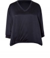 Sporty-meets-chic with this sweatshirt-style silk top from Paul & Joe - V-neck, three-quarter sleeves with elasticized cuffs, oversized fit, asymmetric high-low curved hem - Wear with skinny jeans, cropped trousers, or a pencil skirt