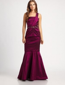 This vibrant taffeta design features a pleated shoulder strap and a sparkling jeweled waistband.Asymmetrical necklinePleated shoulder strapJeweled waistbandTrumpet skirtConcealed back zipFully linedAbout 46 from natural waistAcetate/polyamide/elastaneDry cleanImported of French fabricModel shown is 5'11 (180cm) wearing US size 4. This vibrant taffeta design features a pleated shoulder strap and a sparkling jeweled waistband.Asymmetrical necklinePleated shoulder strapJeweled waistbandTrumpet skirtConcealed back zipFully linedAbout 46 from natural waistAcetate/polyamide/elastaneDry cleanImported of French fabricModel shown is 5'11 (180cm) wearing US size 4.