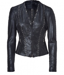 With a tailored fit and decorative stitching, this Donna Karan leather jacket is a worthy investment -V-neck, front zip closure, fitted silhouette, seaming detail with decorative stitching - Wear with an elevated jeans-and-tee ensemble or paired with a pencil skirt and blouse