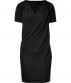 A modern take on the Little Black Dress, Vanessa Brunos contemporary cut wool iteration is perfect for taking chic business looks into cocktails - Wrapped V-neckline, short sleeves, gathered shoulders, gathered side detail, fine ribbed trim - Fitted - Wear with bright accessories and statement chunky jewelry