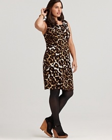 Channel exotic sensibilities in this Calvin Klein ponte dress, boasting exposed gold-tone zippers on a bold leopard print. Pair with wedges and dark tights for a workday-ready finish. Channel exotic sensibilities in this Calvin Klein ponte dress, boasting exposed gold-tone zippers on a bold leopard print. Pair with wedges and dark tights for a workday-ready finish.