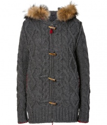 A chunky oversized knit and a luxe fur trimmed hood lend of-the-moment style to this Parajumpers cardigan - Fur-trimmed hood, concealed front zip with toggle button placket, red stitched welt pockets, chunky cable knit pattern, ribbed cuffs and hem - Wear with skinny jeans, a pullover, and wedge booties