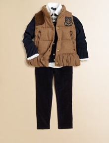 The essential down vest gets a tailored update in a preppy herringbone tweed with a suede shoulder patch for a heritage look.Stand collarSleevelessSnap-frontSlanted zip-welt pocketsShell: woolFill: 60% down/40% waterfowlDry cleanImported Please note: Number of snaps may vary depending on size ordered. 