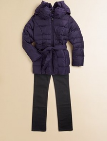 Wide pillow collar adds extra comfort to this ultra warm, water-resistant puffer design, featuring a convertible hood.Pillow collar converts to full hoodFront zip closureBelted waistDual seam pocketsBody: polyesterFill: down/waterfowl feathersFully linedMachine washImported Wide pillow collar adds extra comfort to this ultra warm, water-resistant puffer design, featuring a convertible hood.Pillow collar converts to full hoodFront zip closureBelted waistDual seam pocketsBody: polyesterFill: down/waterfowl feathersFully linedMachine washImported