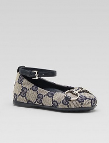 GG print fabric with horsebit detail, leather trim, and ankle strap. Hypoallergenic palladium finished horsebit hardware Slip-on flats with buckle ankle strap Rubber sole Made in Italy GG print fabric with horsebit detail, leather trim, and ankle strap. Hypoallergenic palladium finished horsebit hardware Slip-on flats with buckle ankle strap Rubber sole Made in Italy