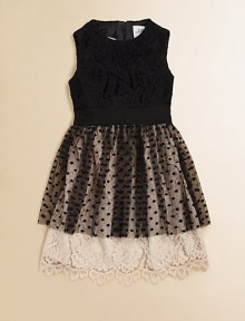 Party-perfect and perfectly stunning, this peplum frock features dreamy lace and a frilly pindot overlay.JewelneckSleevelessBack zipperBanded waistbandPeplum hemNylon/RayonDry cleanMade in the USA of imported fabric Party-perfect and perfectly stunning, this peplum frock features dreamy lace and a frilly pindot overlay.JewelneckSleevelessBack zipperBanded waistbandPeplum hemNylon/RayonDry cleanMade in the USA of imported fabric