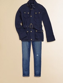 A safari-inspired design rendered in classic cotton fleece, this snap-front jacket boasts multiple flap pockets, a stand collar and belted waist for added definition.Stand collar with buckle strapLong sleevesZip-front closure with snap flyTwo flap pockets with double snap closuresBelted waist87% cotton/13% polyesterMachine washImported A safari-inspired design rendered in classic cotton fleece, this snap-front jacket boasts multiple flap pockets, a stand collar and belted waist for added definition.Stand collar with buckle strapLong sleevesZip-front closure with snap flyTwo flap pockets with double snap closuresBelted waist87% cotton/13% polyesterMachine washImported