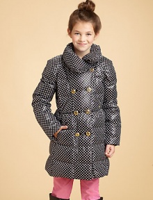 Warmth and style go hand in hand this winter, with an optical pattern of square-and-round dots and smart, shapely details, plus an ultra warm down fill.Wide, puffy convertible collarLong raglan sleeves with inner knit cuffsDouble-breasted front with bold gold buttonsSeamed waist with Juicy heart charmFront pocketsFully linedDown/feather fillPolyesterMachine washImported Please note: Number of buttons may vary depending on size ordered. 